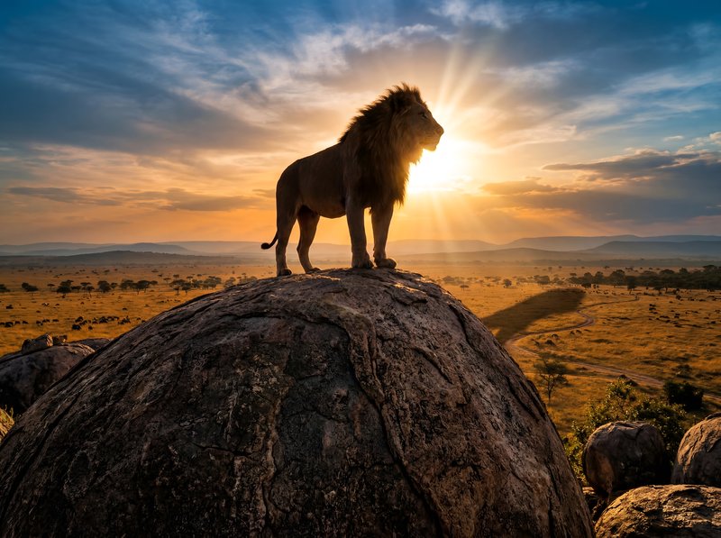 Lion stands on rock at sunset in savanna landscape Premium Stock Image - stock photo
