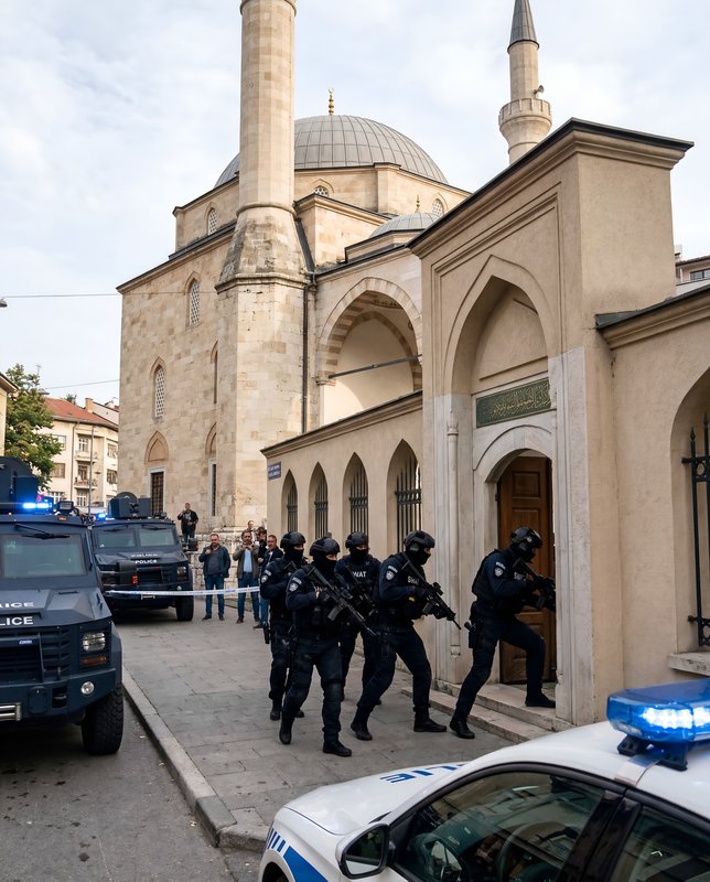 Police officers conduct a raid outside a mosque in the city Premium Stock Image - stock photo