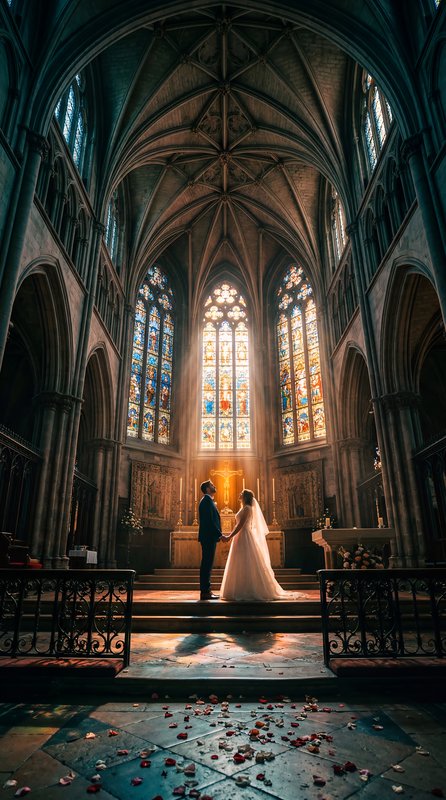 Couple exchanges vows in a grand church with stained glass Premium Stock Photo - stock photo