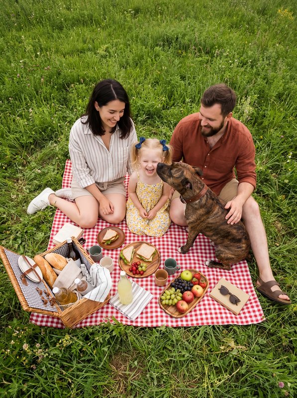 Family enjoys picnic in the park with dog and food Premium Stock Image - stock photo