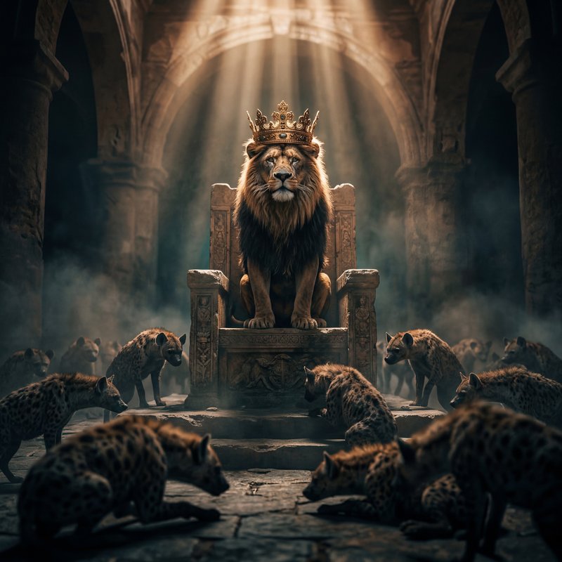 Lion sits on throne while hyenas gather in shadowy ruins Premium Stock Image - stock photo