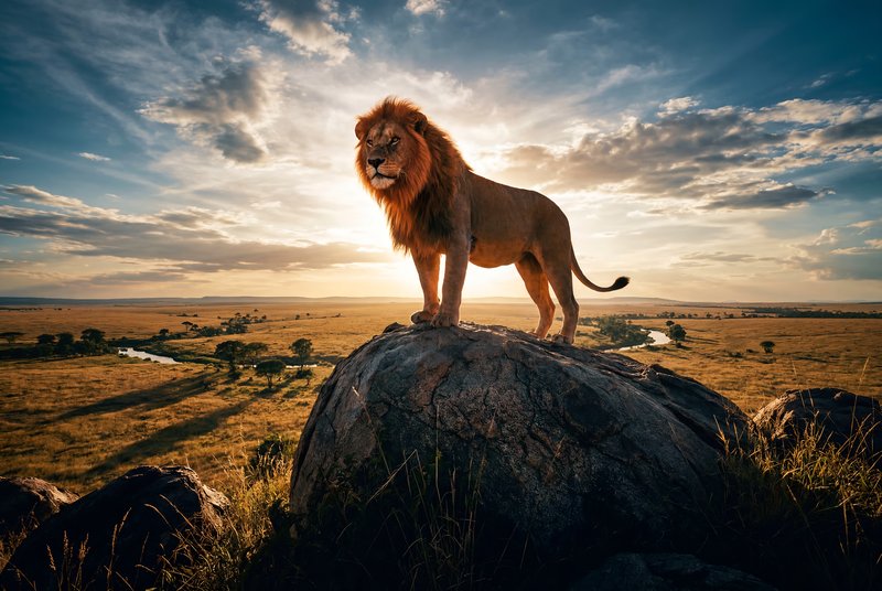 Lion stands on rock during sunset in the African savanna Premium Stock Photo - stock photo