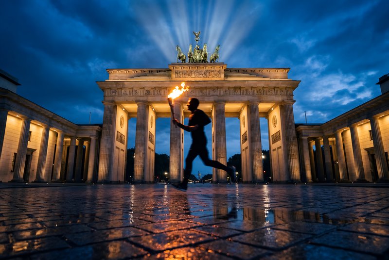 Runner with torch passes through Brandenburg Gate at night Premium Stock Photo - stock photo