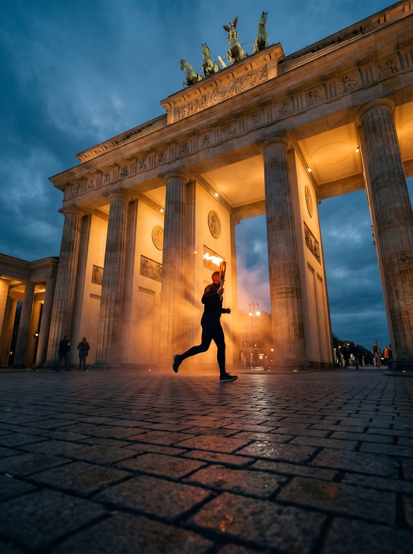 Person running at Brandenburg Gate during evening hours Premium Stock Photo - stock photo
