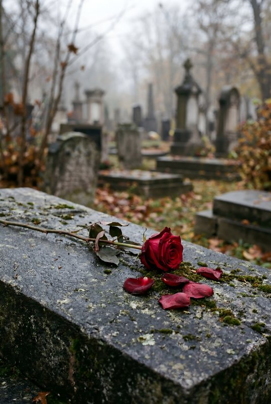 Rose placed on grave in cemetery during foggy weather Premium Stock Photo - stock photo