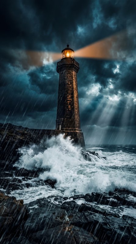 Lighthouse shines light during stormy weather at night Premium Stock Photo - stock photo