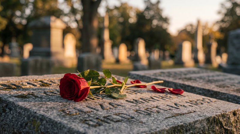 Red rose placed on a gravestone in a cemetery at sunset Premium Stock Photo - stock photo
