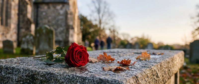 Rose on a stone tomb in a graveyard during autumn evening Premium Stock Photo - stock photo