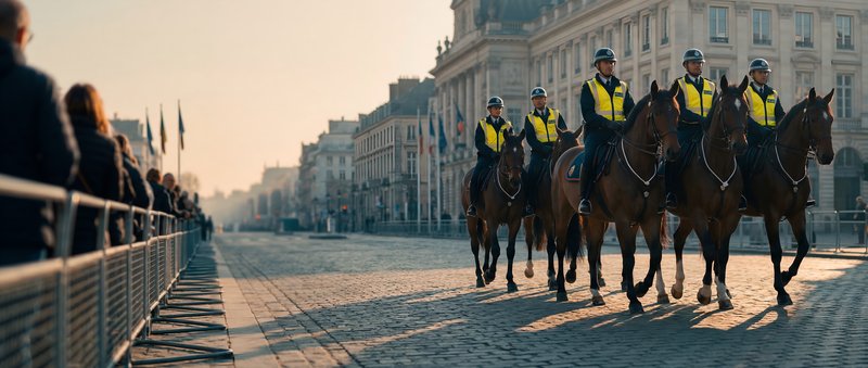Police horses patrol city streets during early morning hours Premium Stock Image - stock photo