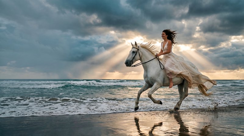 Woman rides horse on beach during sunset hours Premium Stock Image - stock photo