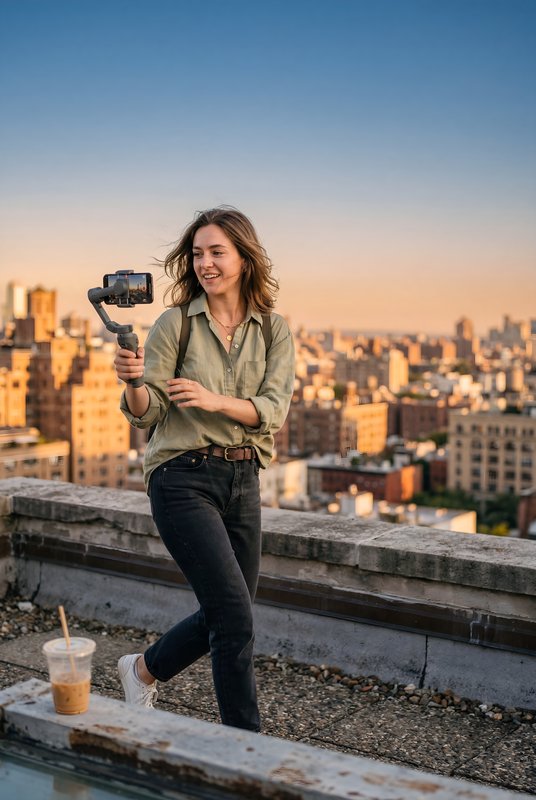 Woman walks on rooftop while filming at sunset in the city Premium Stock Image - stock photo