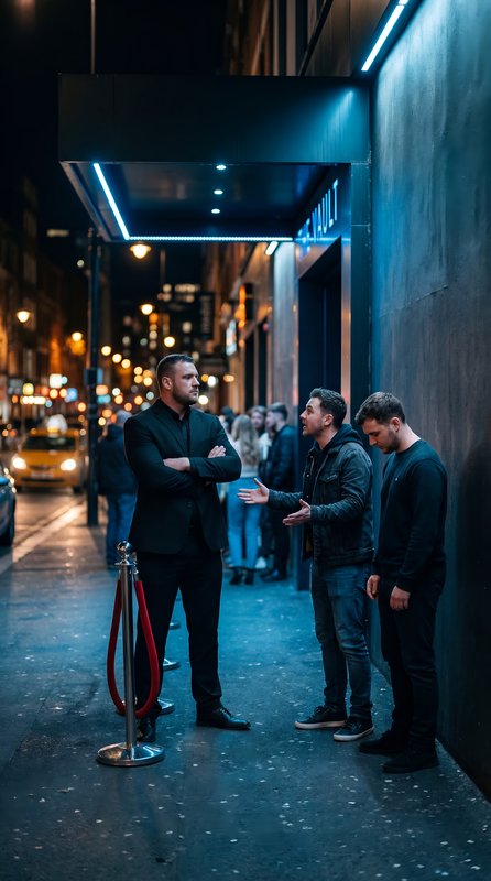 Security checks people outside a club in the city at night Premium Stock Photo - stock photo