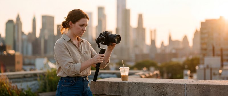 Woman takes photo with camera on rooftop during sunset Premium Stock Image - stock photo