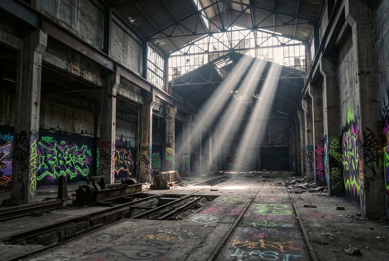 Light beams shine down in an abandoned warehouse with graffiti Premium Stock Photo - stock photo