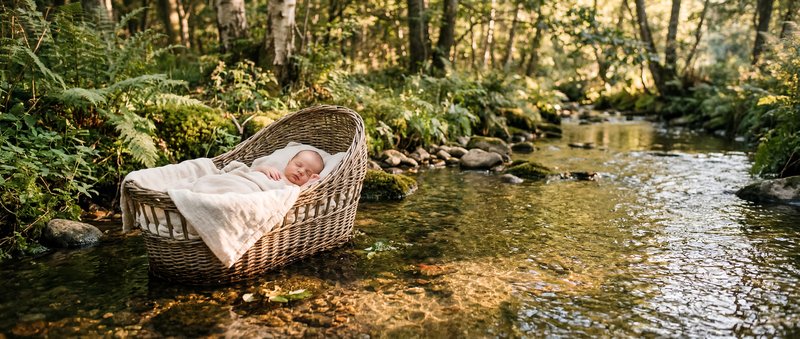 Baby rests peacefully in a basket by the stream in nature Premium Stock Image - stock photo