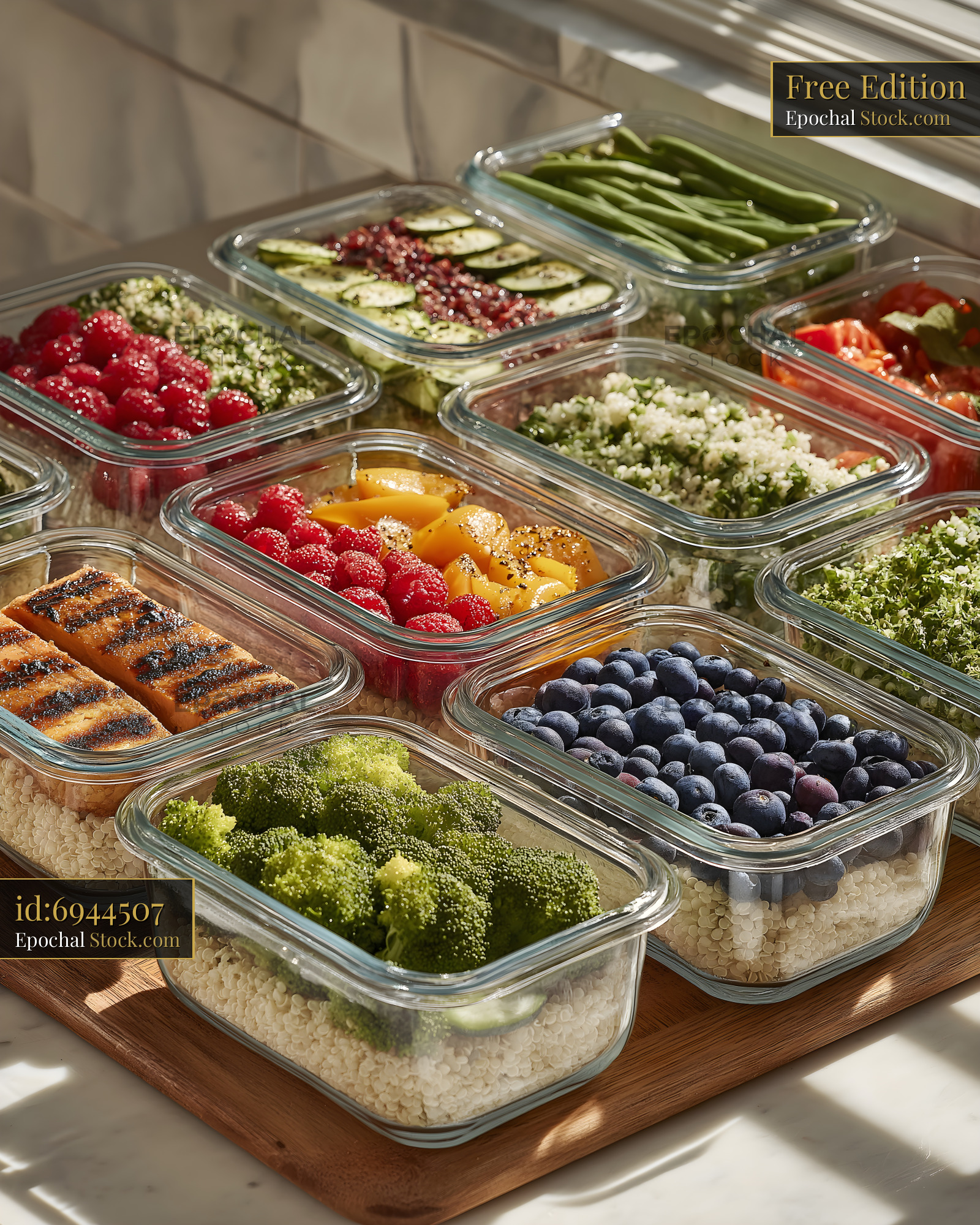 Colorful meal prep with veggies and fruits in glass Free Premium Stock Image