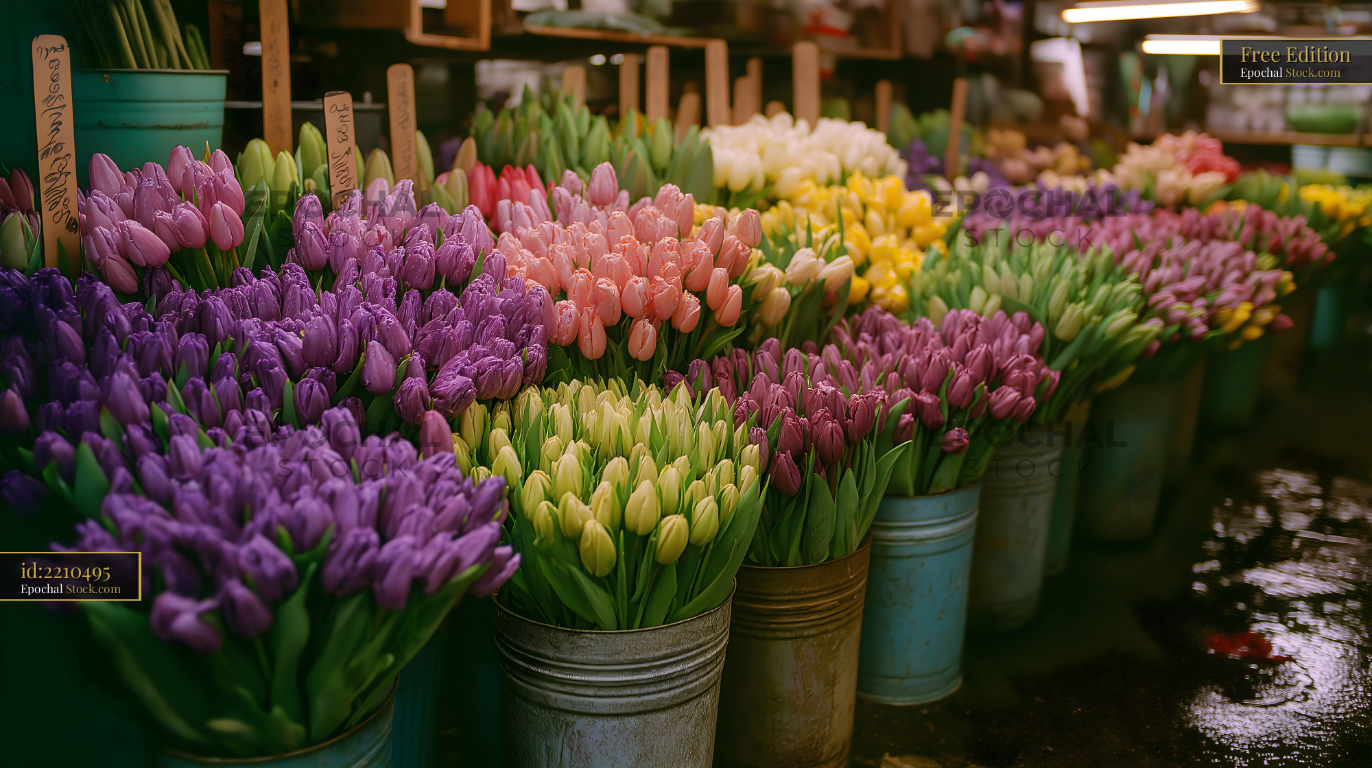 Colorful tulips arranged in buckets at a flower market Free Premium Stock Photo