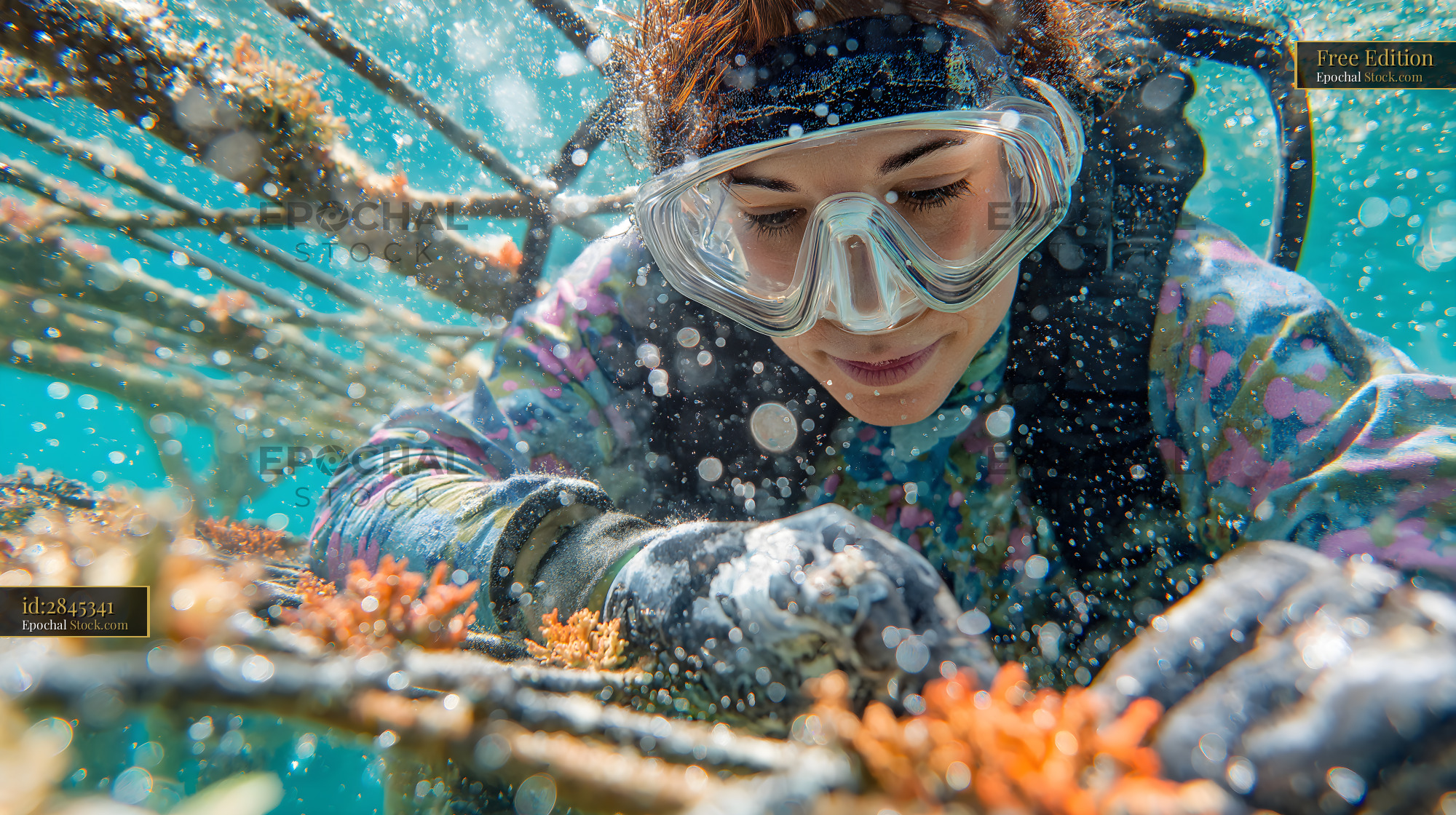 Diving in water to restore coral reefs in tropical region Free Premium Stock Image