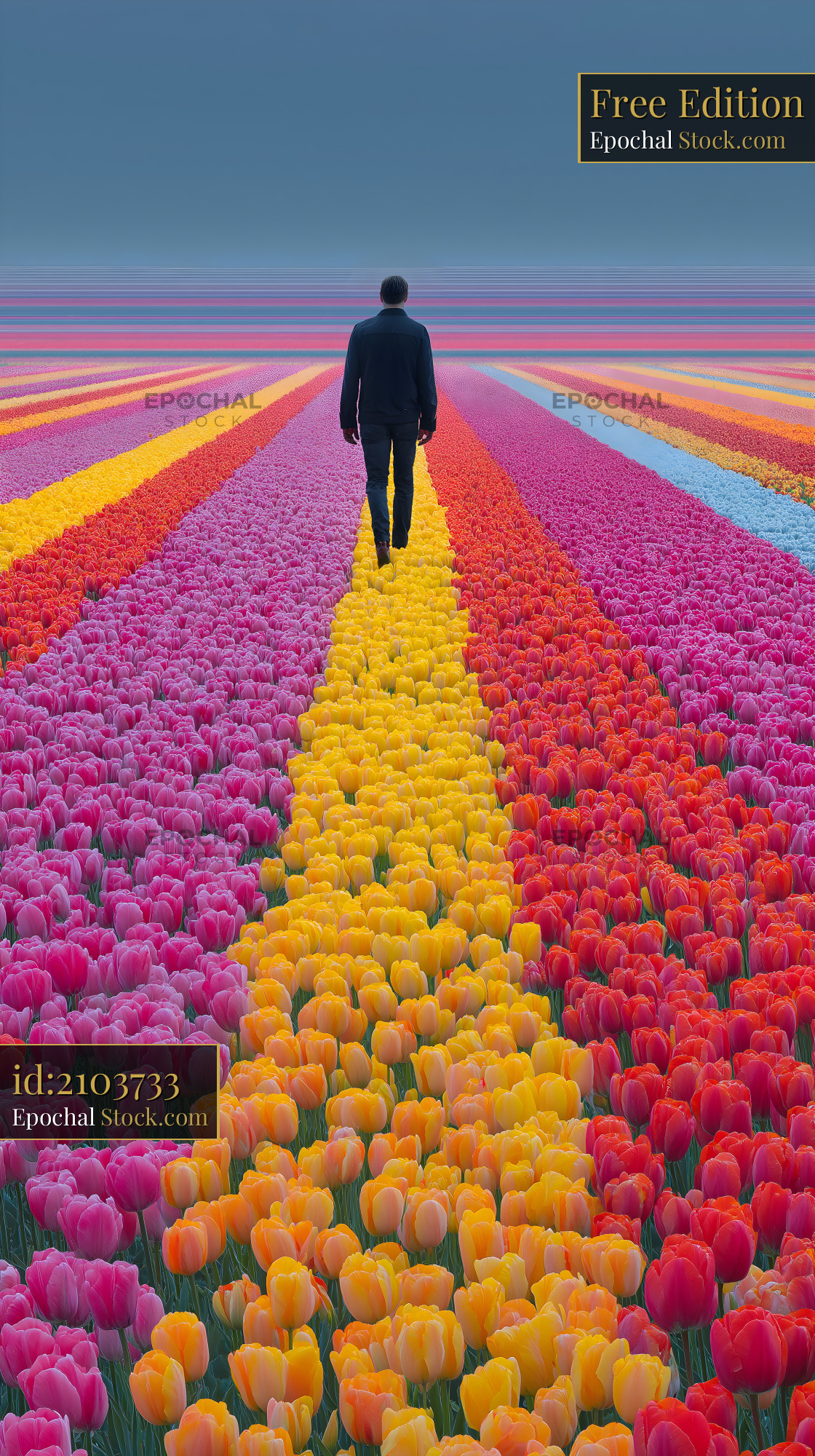 Man walks through colorful tulip fields in spring season Free Premium Stock Photo