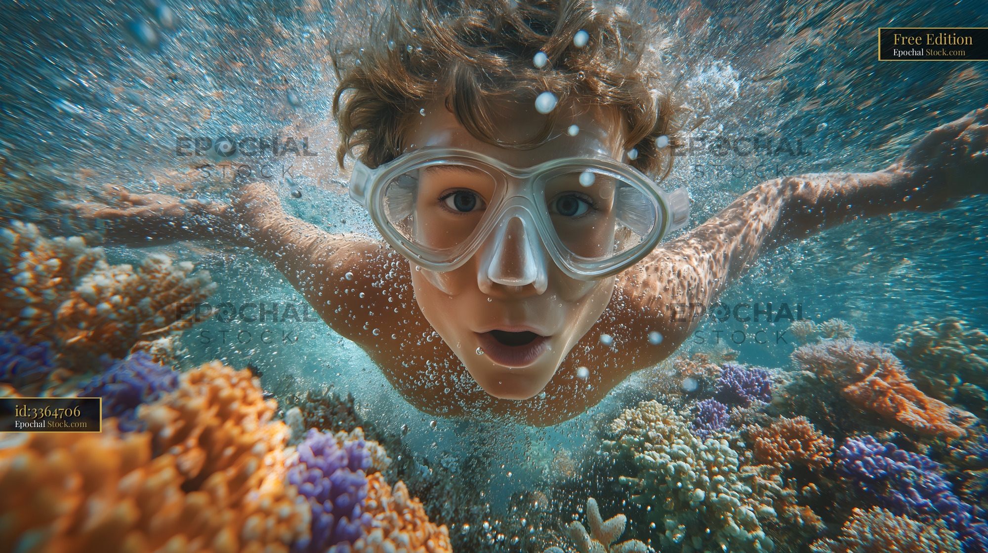 Boy swims underwater near coral reef in bright ocean water Free Premium Stock Image