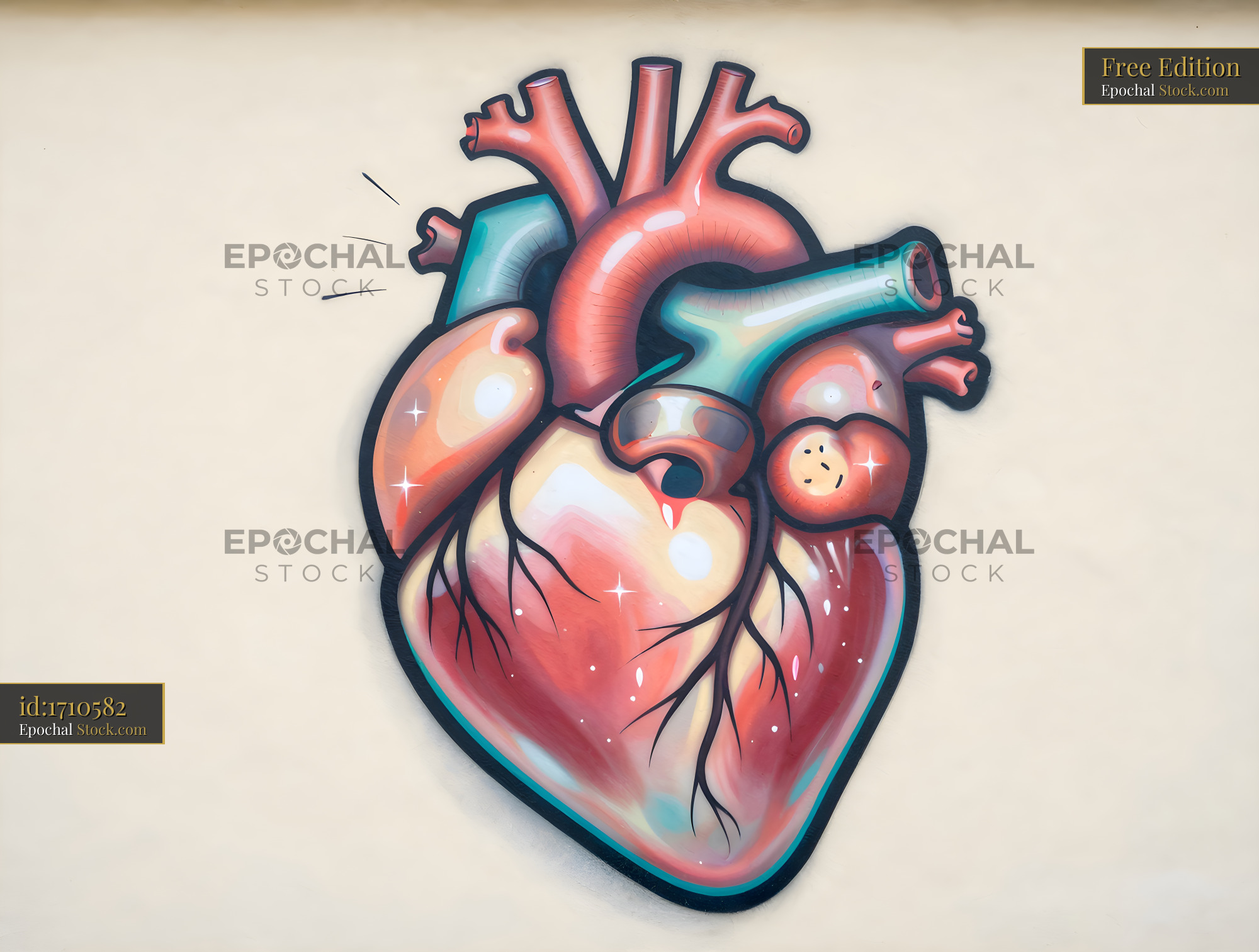Colorful heart mural with detailed anatomy on wall Free Premium Stock Photo