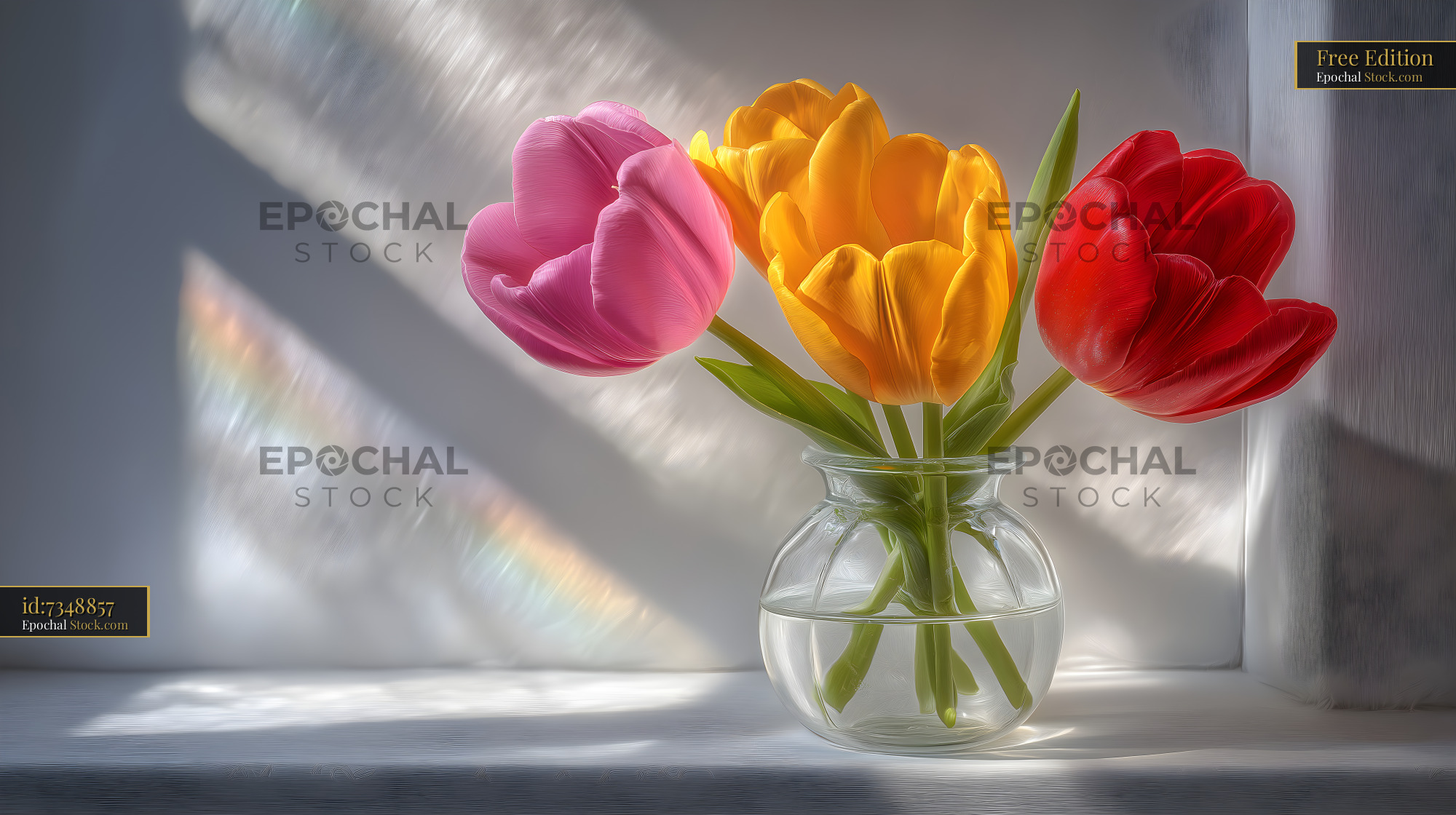 Colorful tulips in a glass vase on a window ledge Free Premium Stock Image