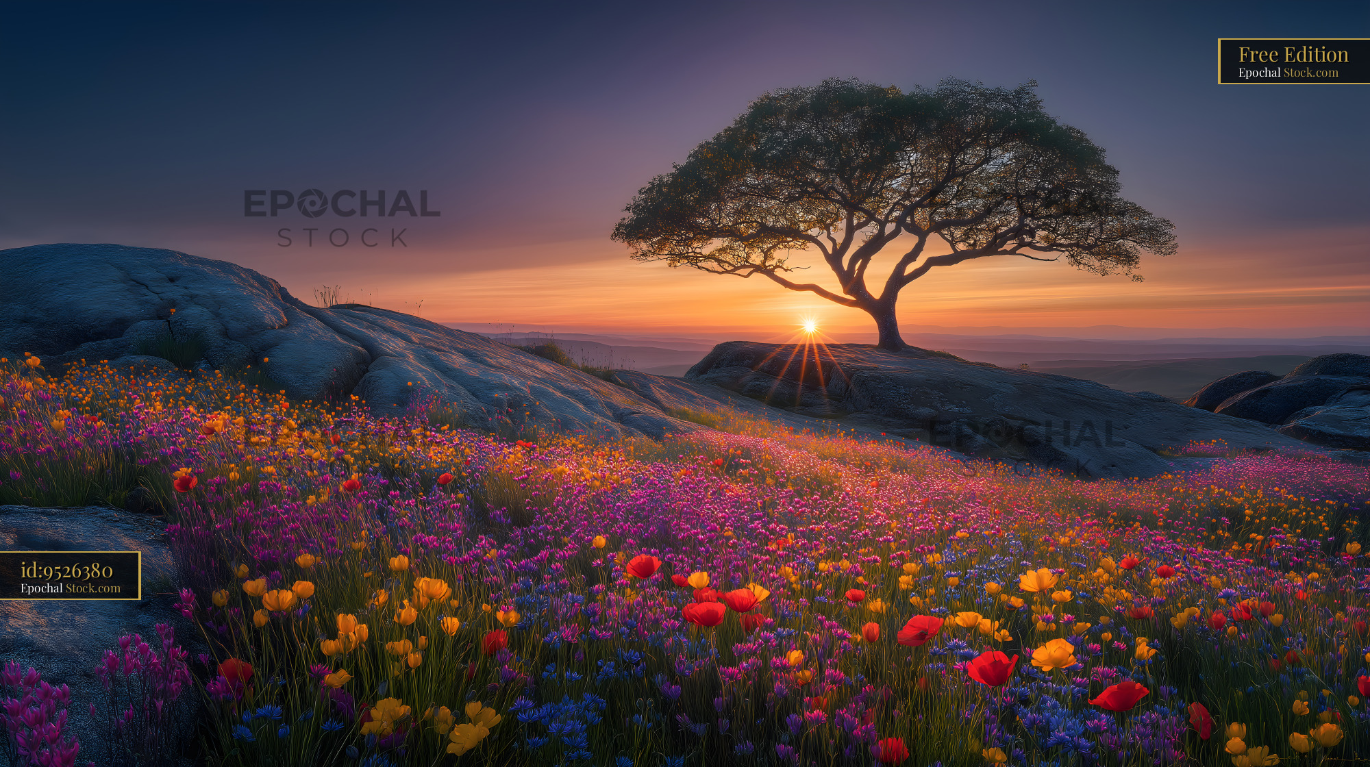 Colorful flowers bloom under a tree at sunset in nature Free Premium Stock Image