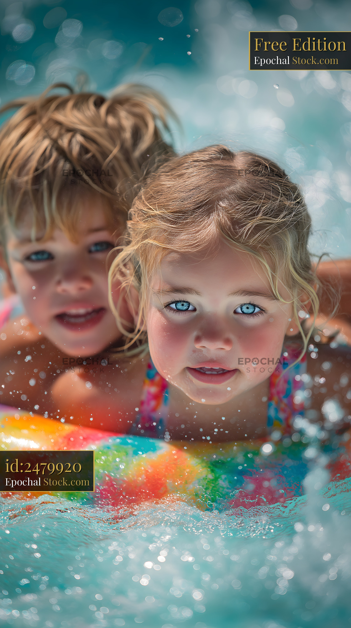 Kids play in the pool on a sunny day during summer vacation Free Premium Stock Image