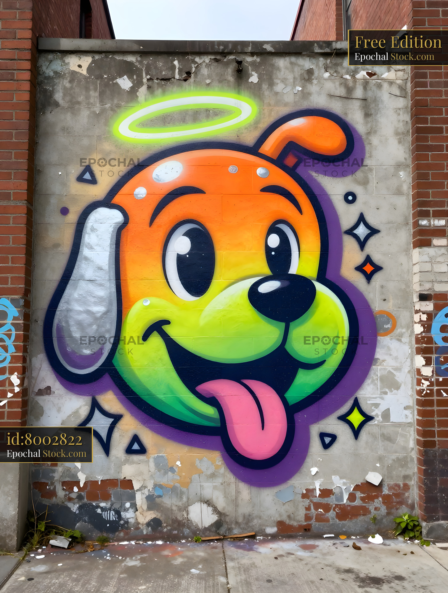 Colorful dog mural on a city wall brightens the street Free Premium Stock Image