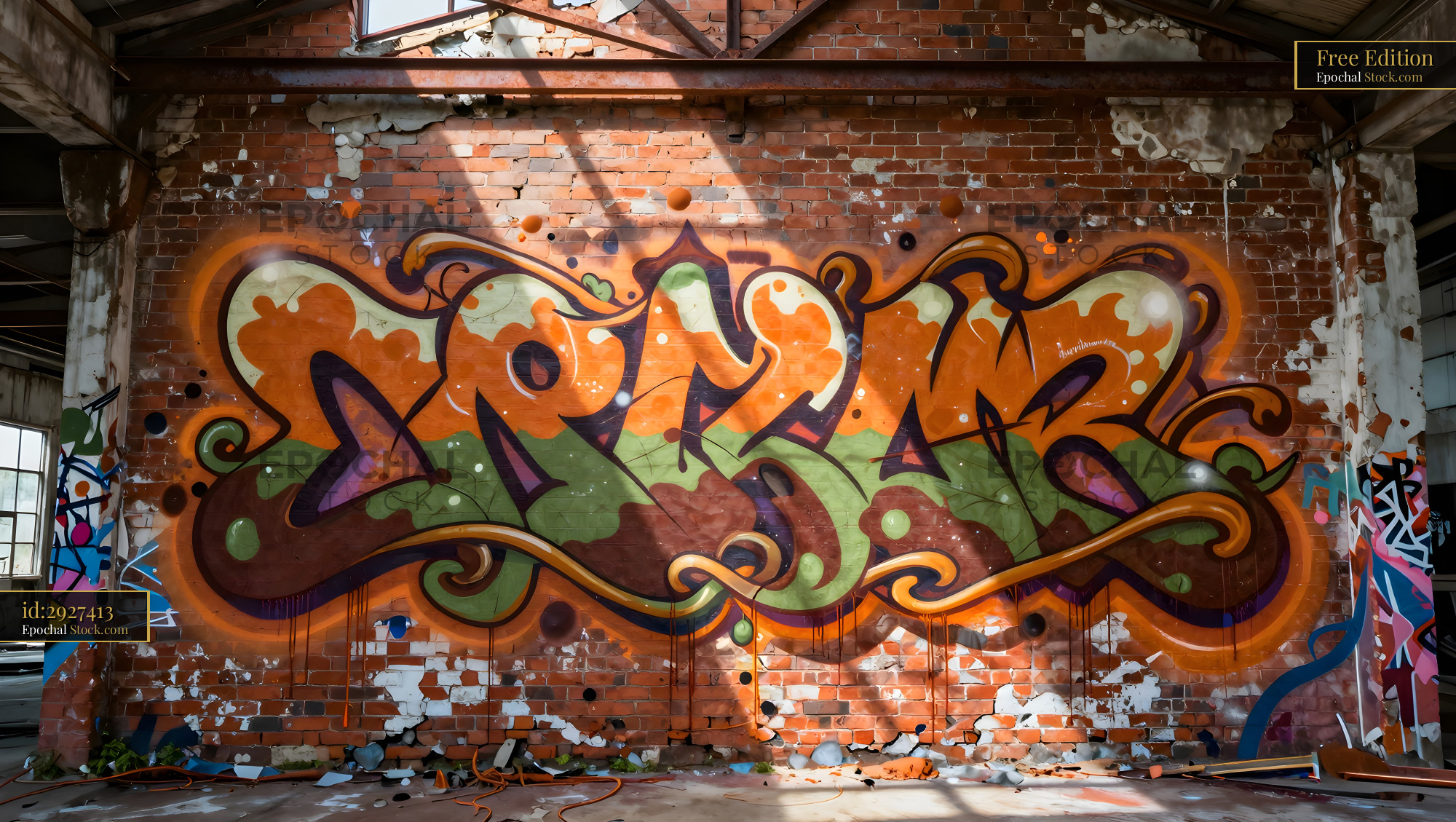 Colorful graffiti on brick wall in an old building Free Premium Stock Image