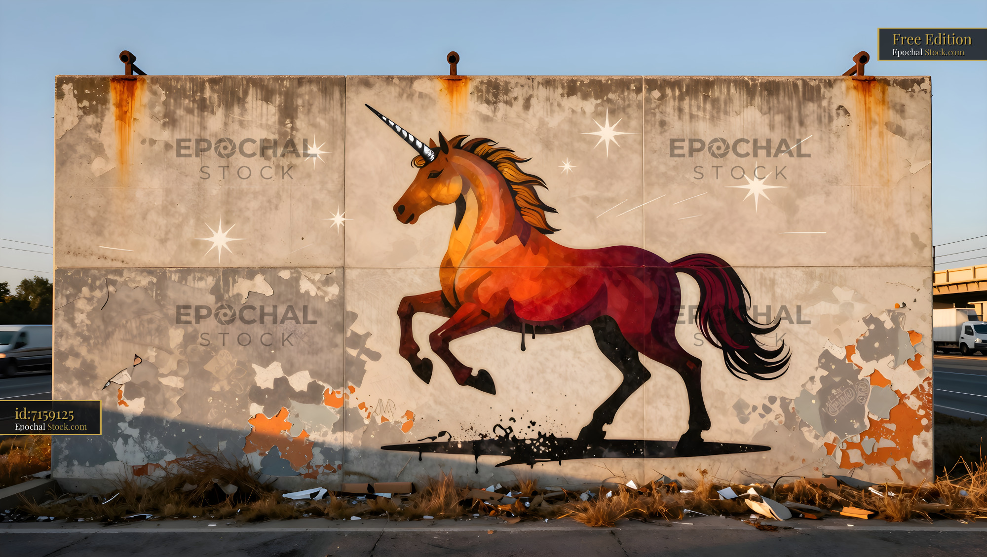 Colorful unicorn mural on a concrete wall in a city Free Premium Stock Photo