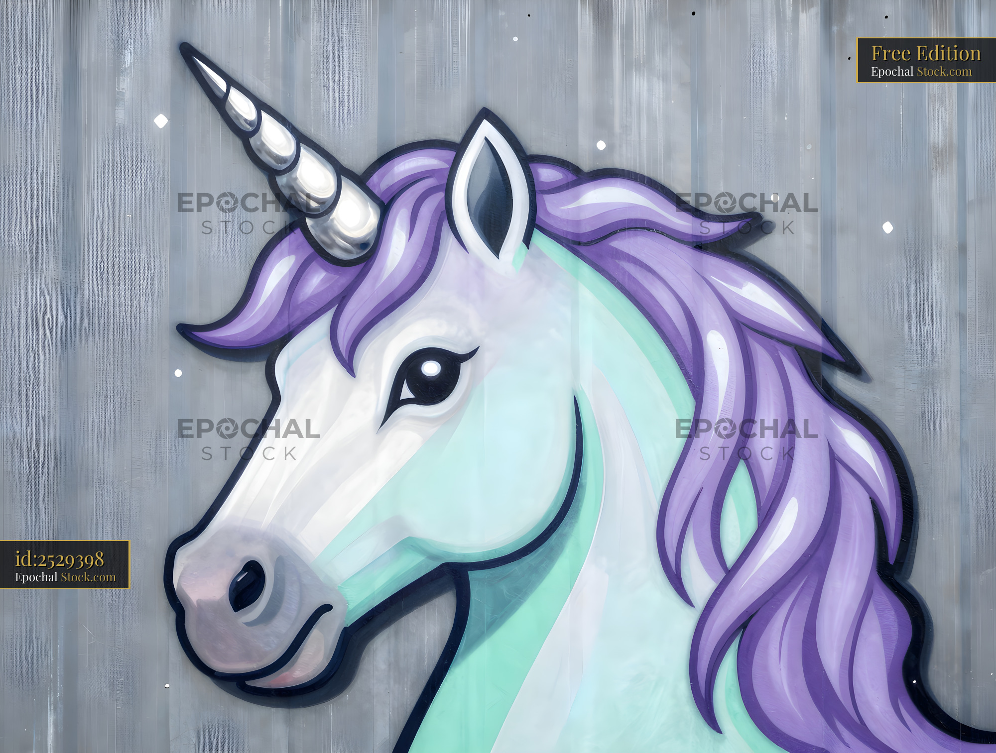 Mural of a unicorn on a gray wall in an urban area Free Premium Stock Image