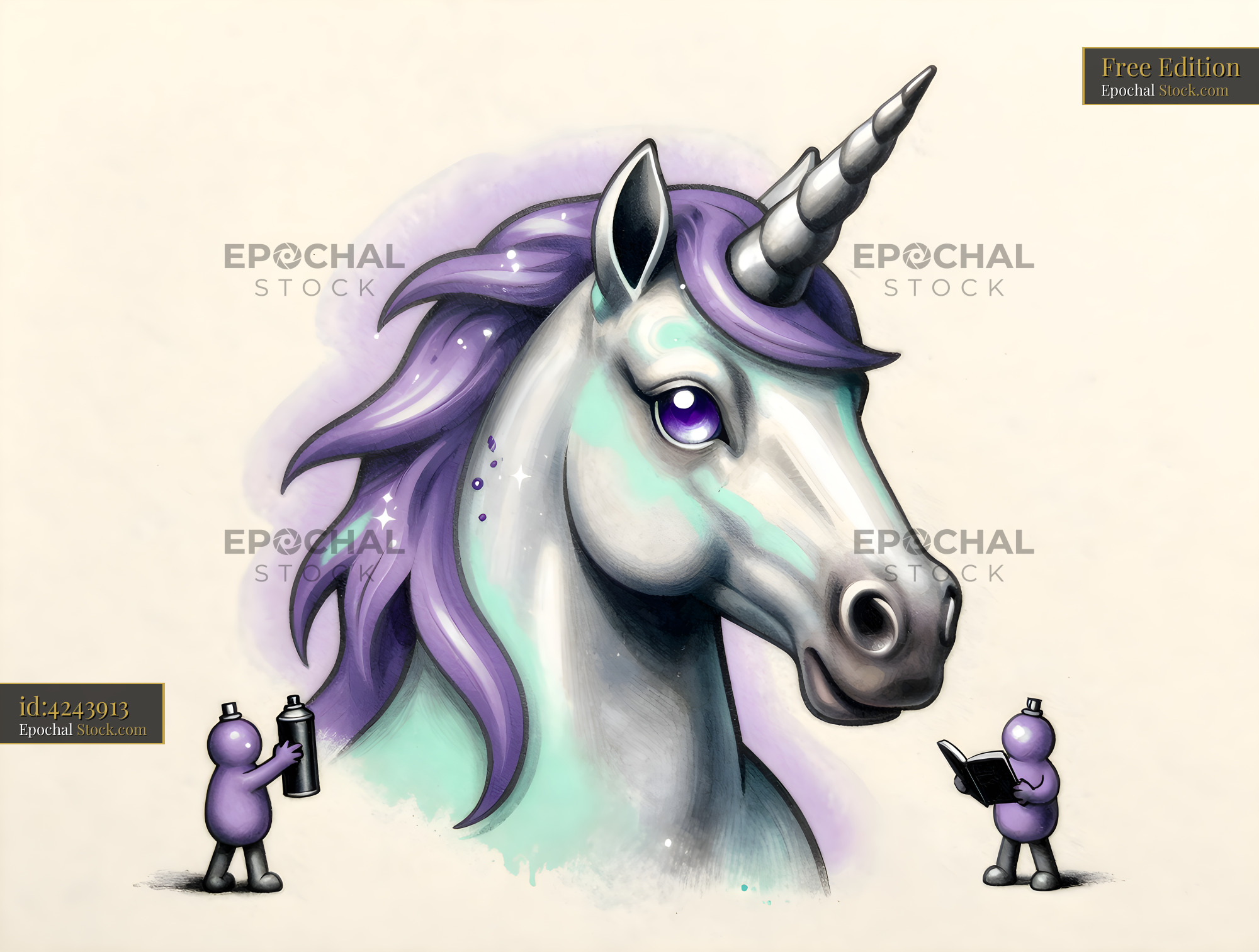 Unicorn mural with street artists at work in the city Free Premium Stock Image