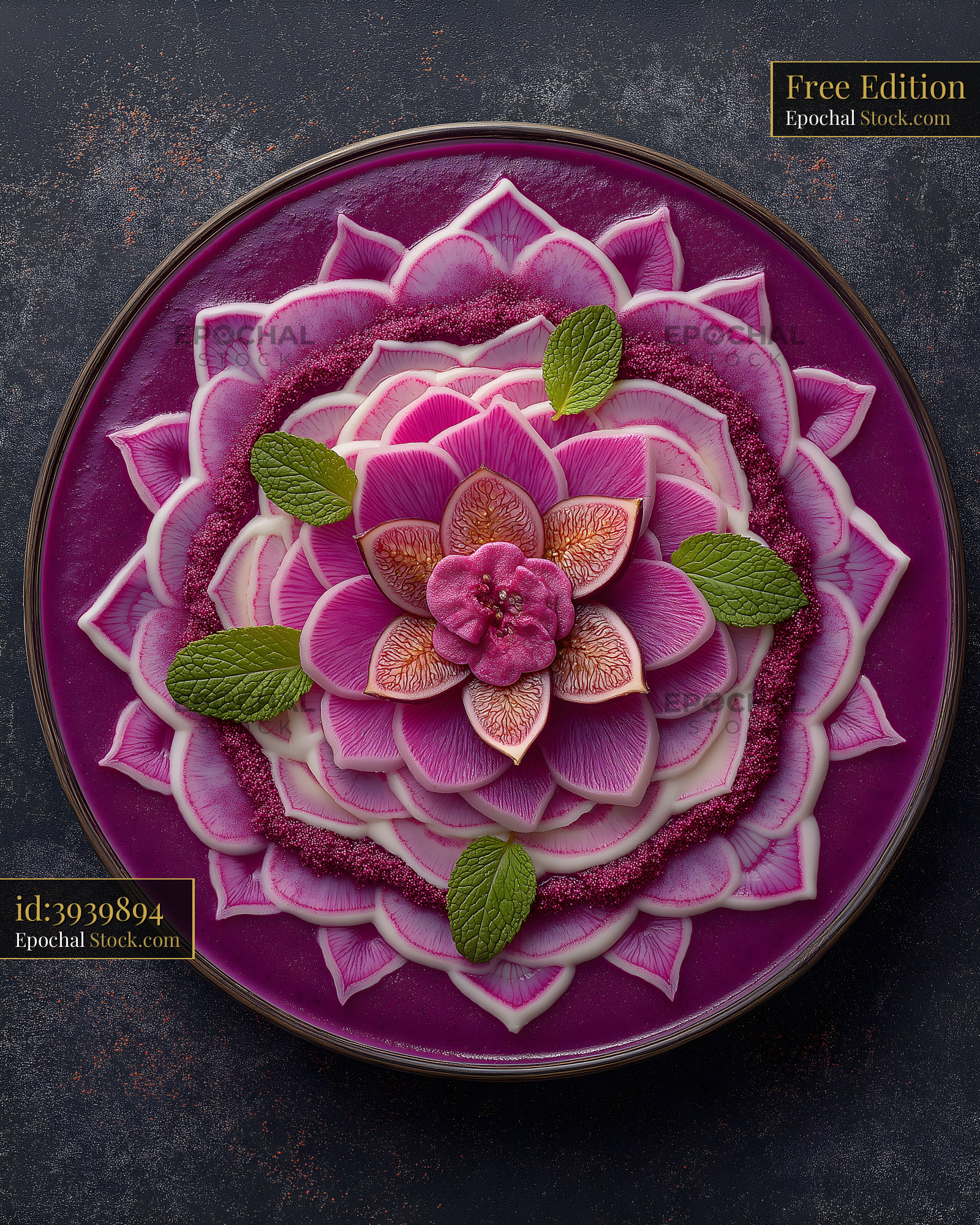 Colorful dessert with flowers and fruits on round plate Free Premium Stock Image