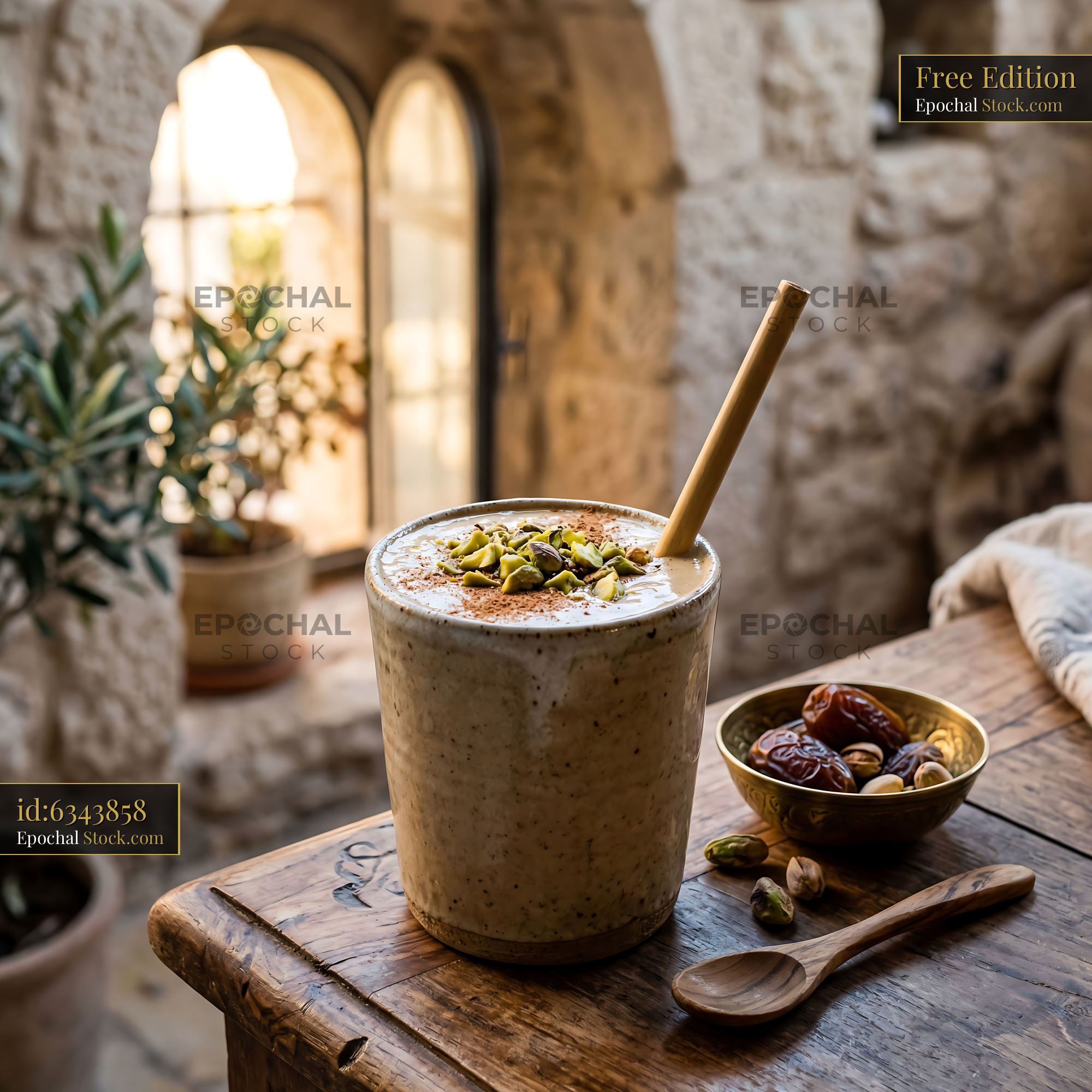 Tahini Date Shake with Pistachio Topping - stock photo