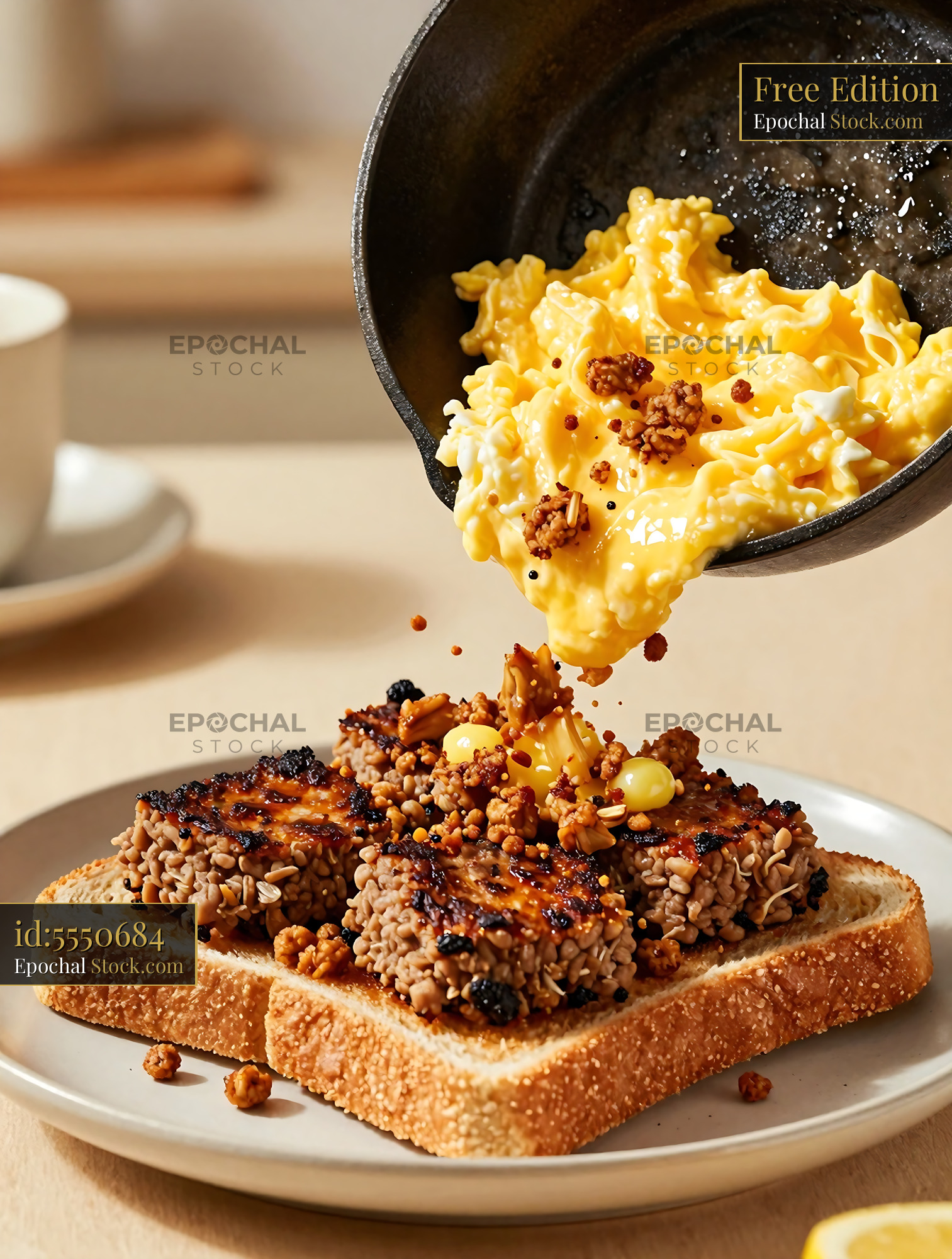 Goetta Toast with Creamy Scrambled Eggs - stock photo