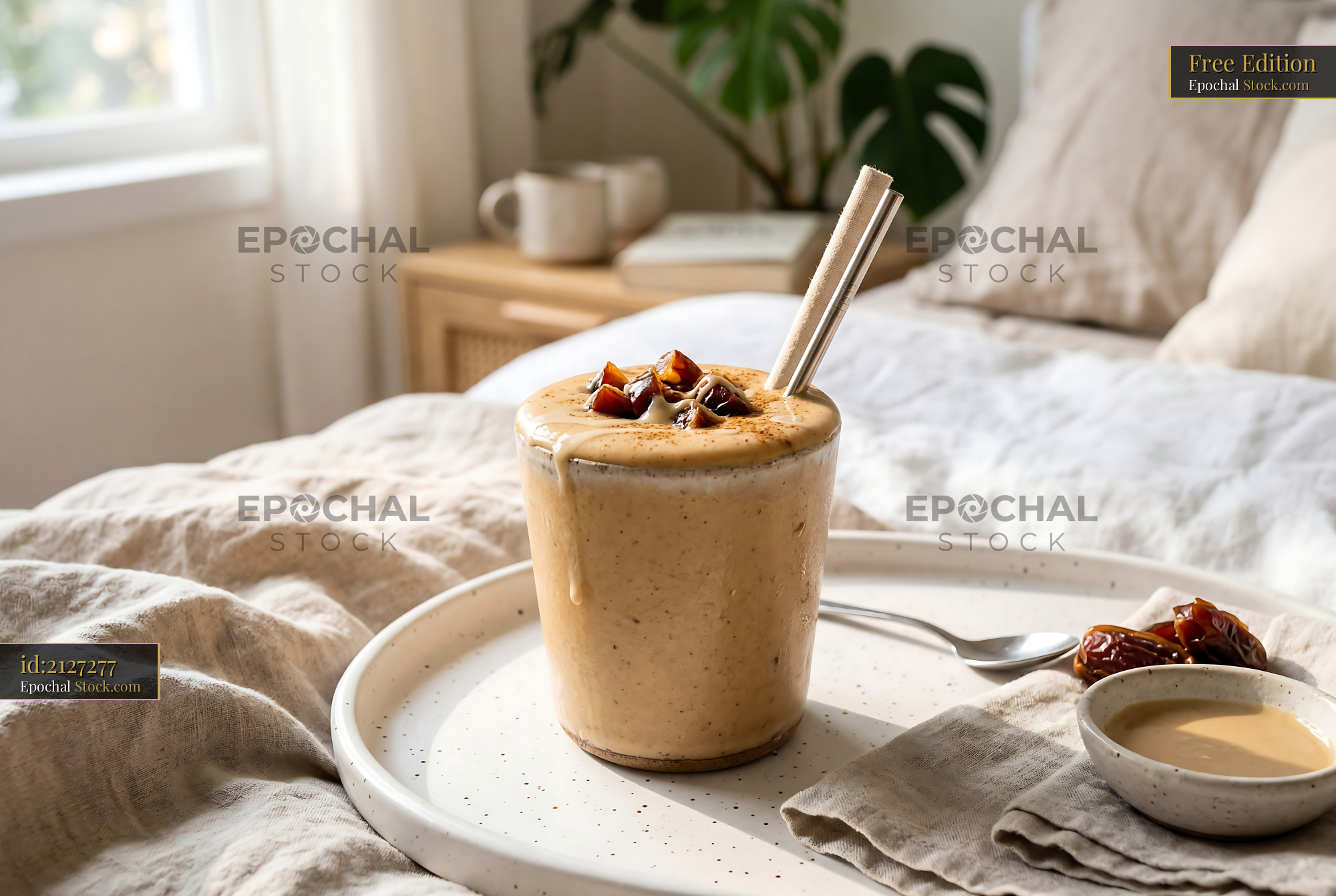 Tahini Date Shake on Bed Wellness Breakfast - stock photo