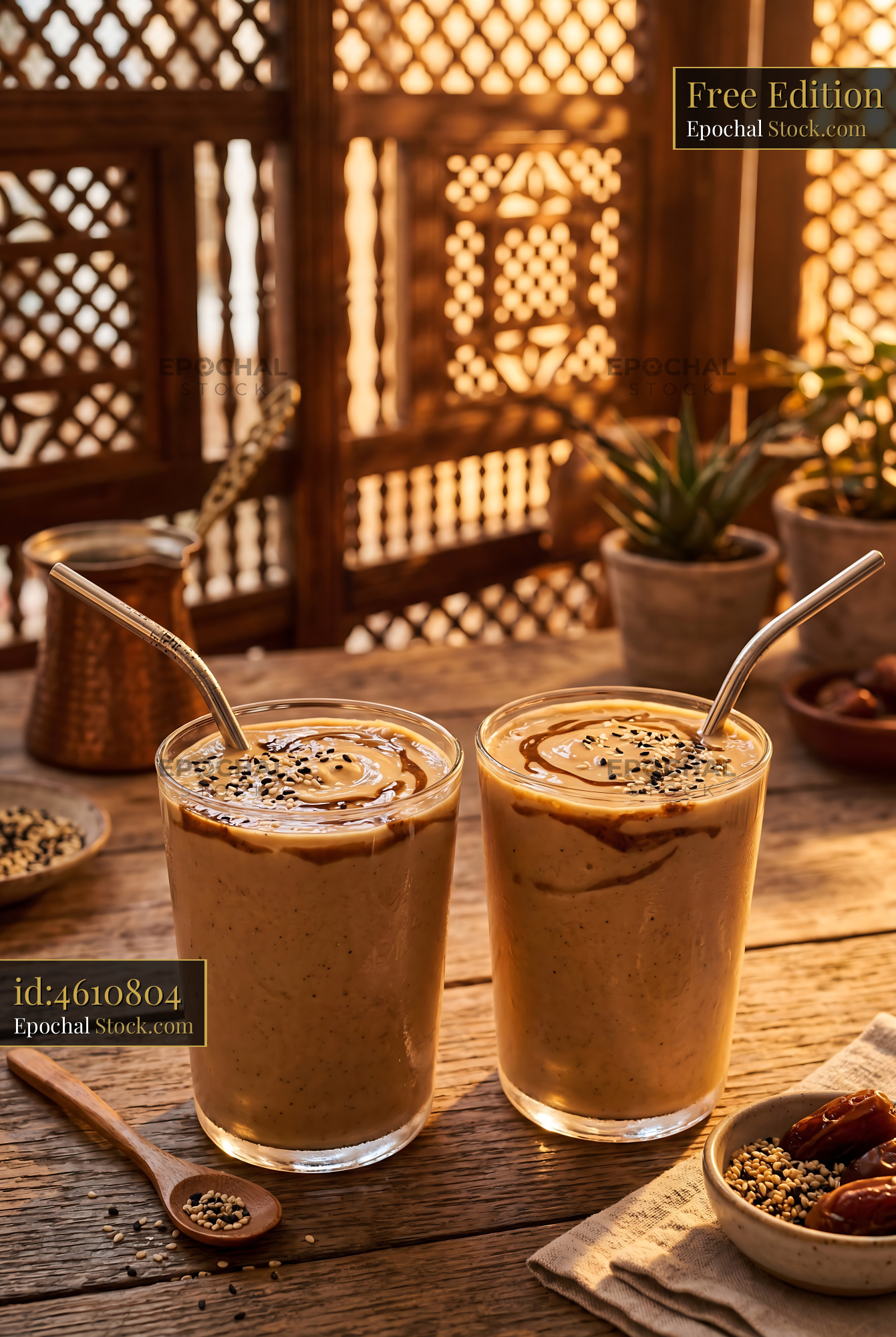 Creamy Tahini Date Shake on Wood Table - stock photo