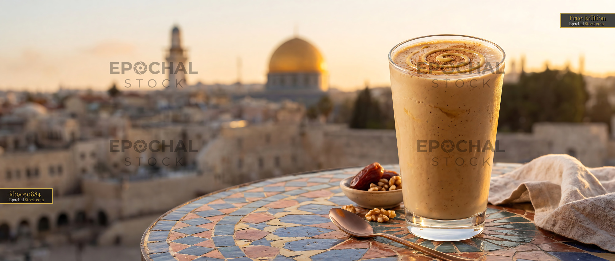 Tahini Date Shake with Historic Jerusalem View - stock photo