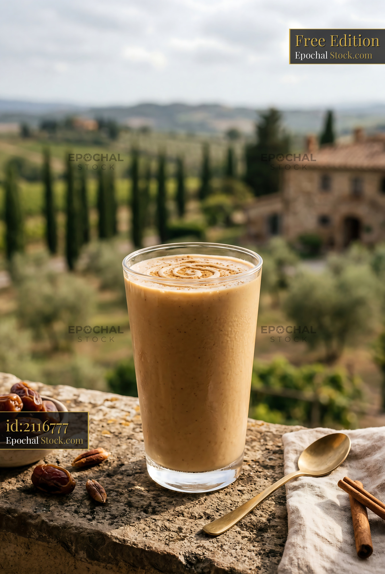 Tahini Date Shake with Tuscan Villa View - stock photo