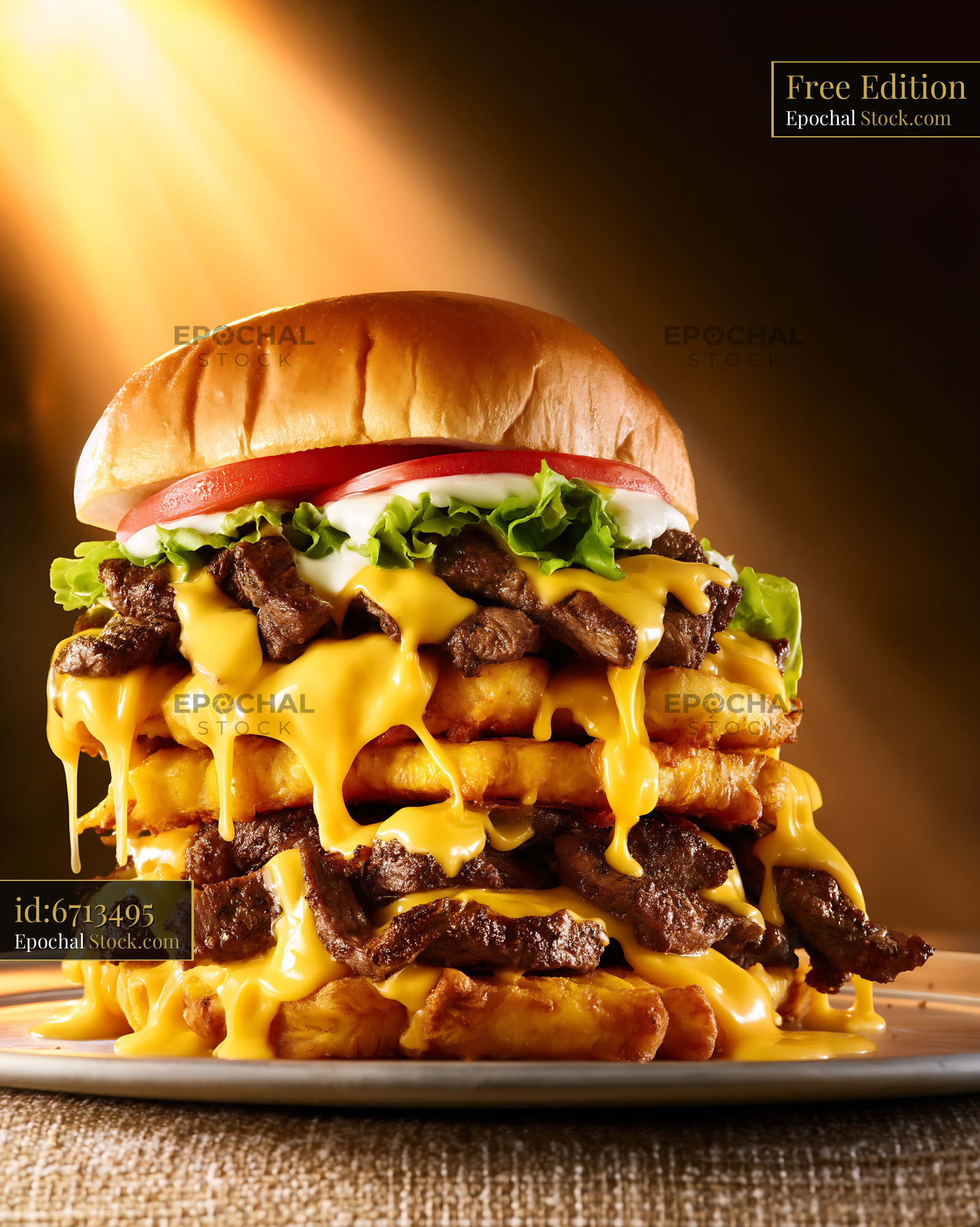 Jibarito Burger Stacked High with Melted Cheese and Crispy Plantains - stock photo