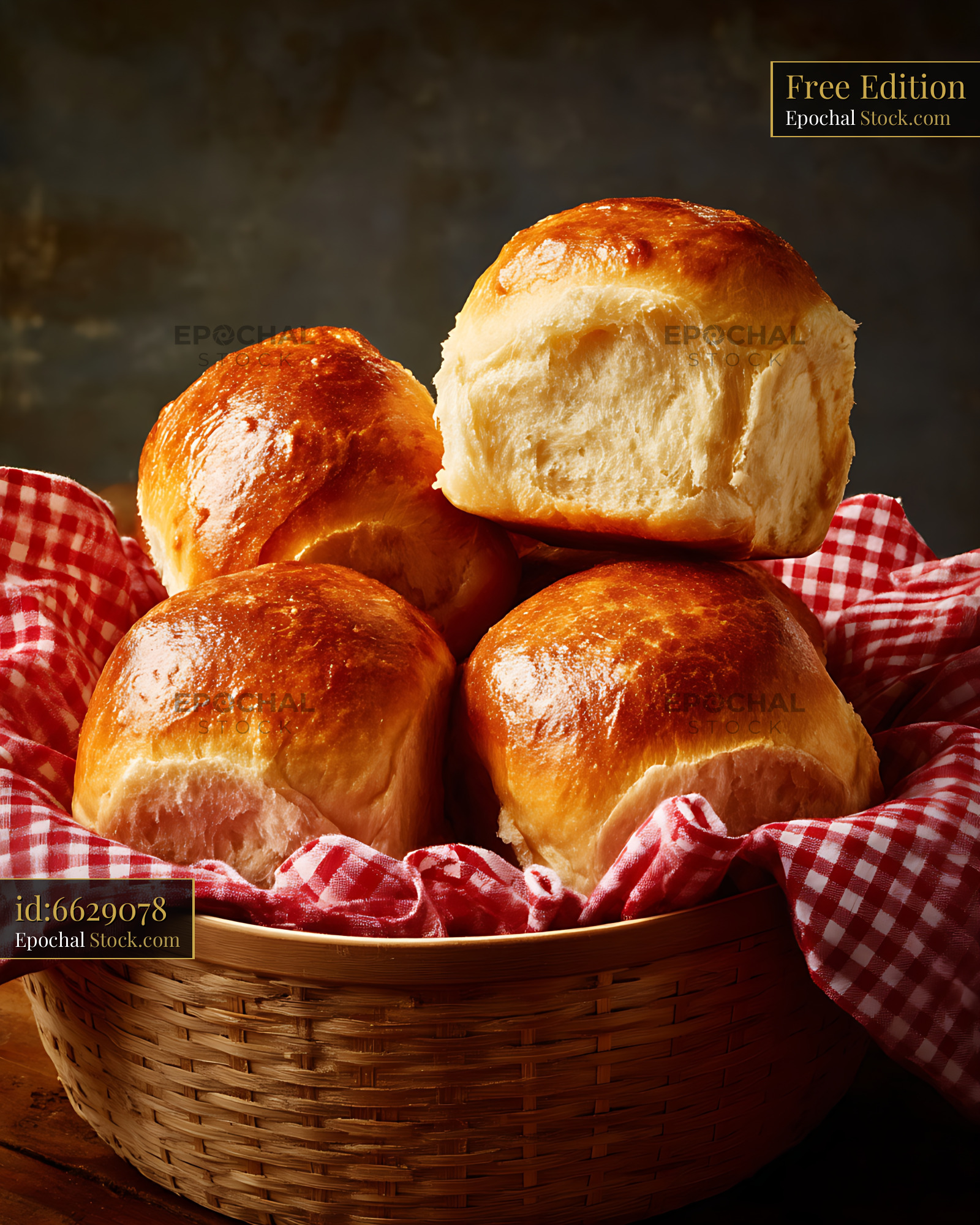Bierocks Fresh Baked Golden Rolls in Rustic Wicker Basket - stock photo