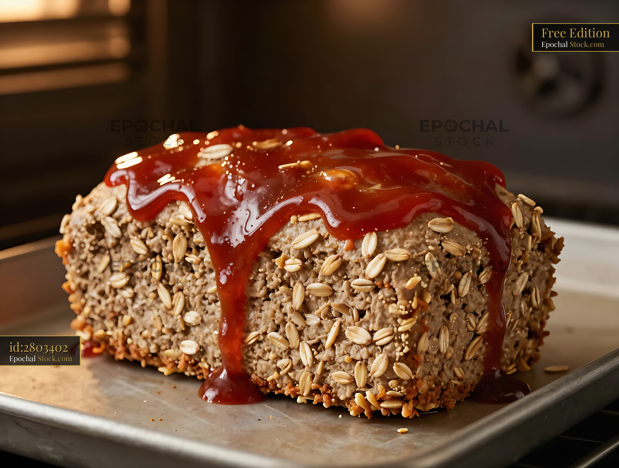 Goetta Meatloaf with Ketchup Glaze on Cutting Board - stock photo