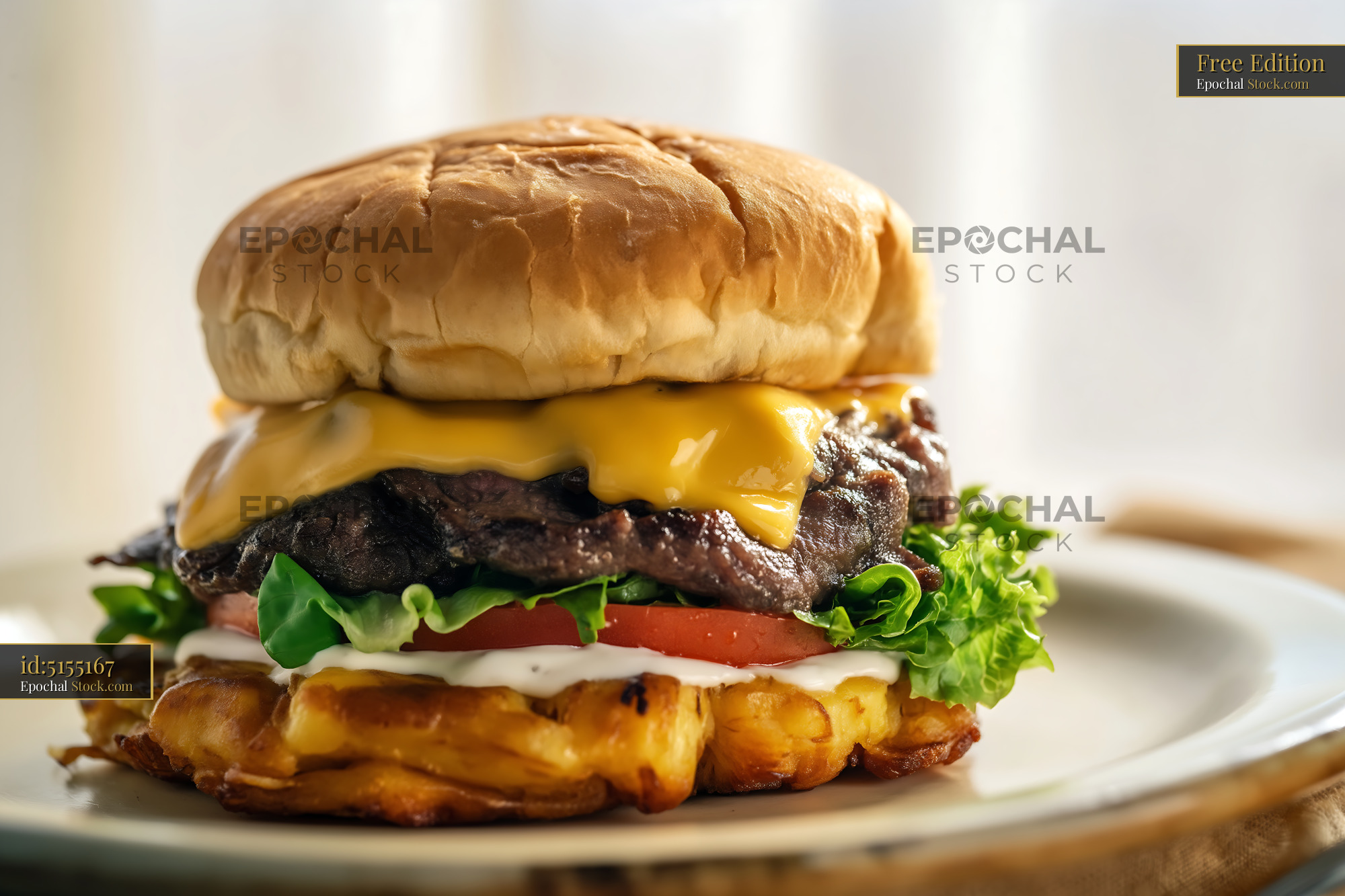 Gourmet Jibarito Burger with Cheddar Cheese and Fried Plantains - stock photo