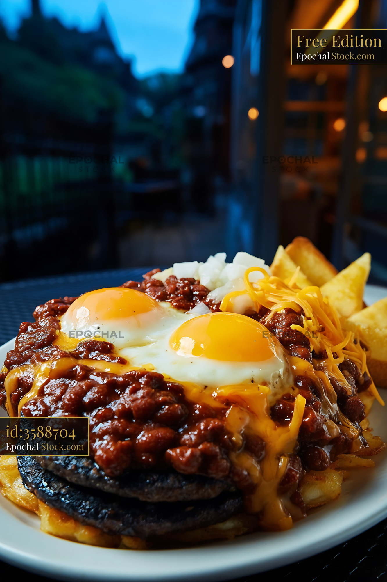 St. Louis Slinger with Fried Eggs at Dusk - stock photo