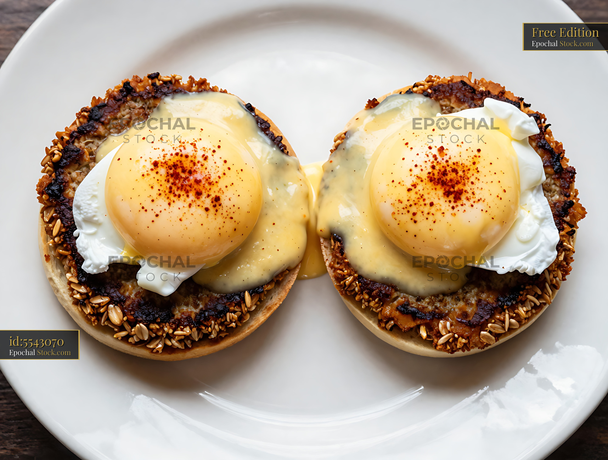 Goetta Benedict with Poached Eggs on Seeded Muffins and Hollandaise Sauce - stock photo