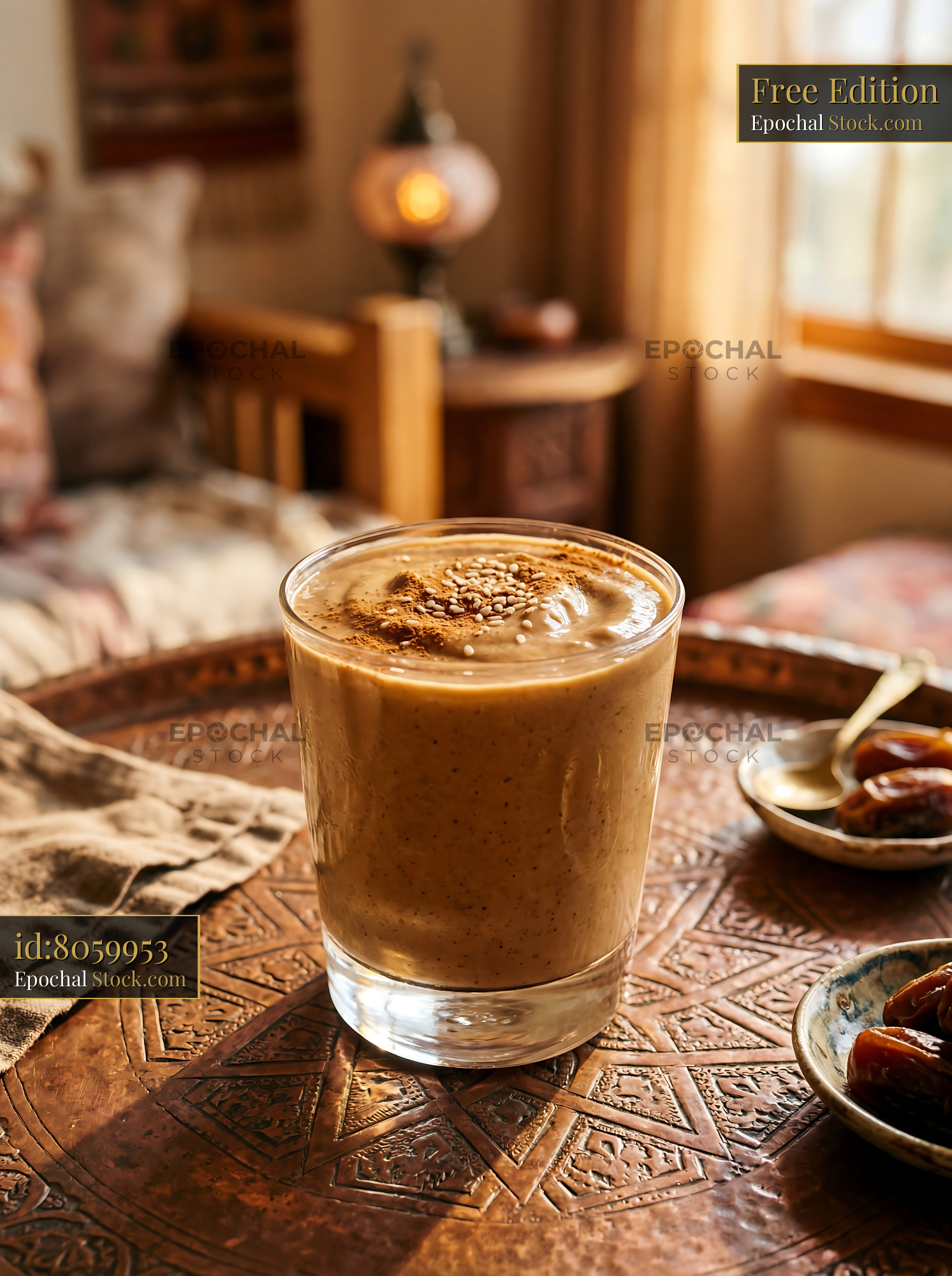 Tahini Date Shake with Sesame in Traditional Setting - stock photo