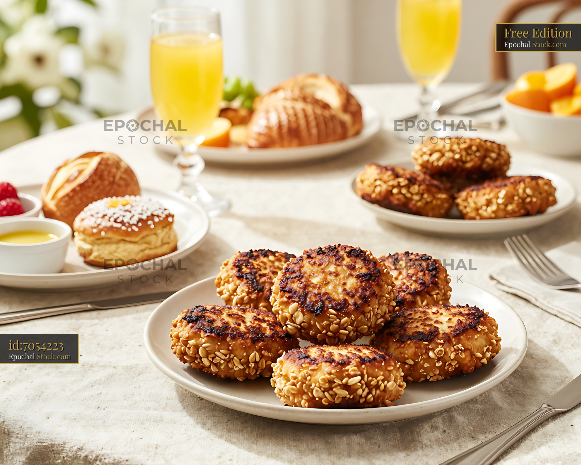 Golden Goetta and Pastries Brunch Setting - stock photo