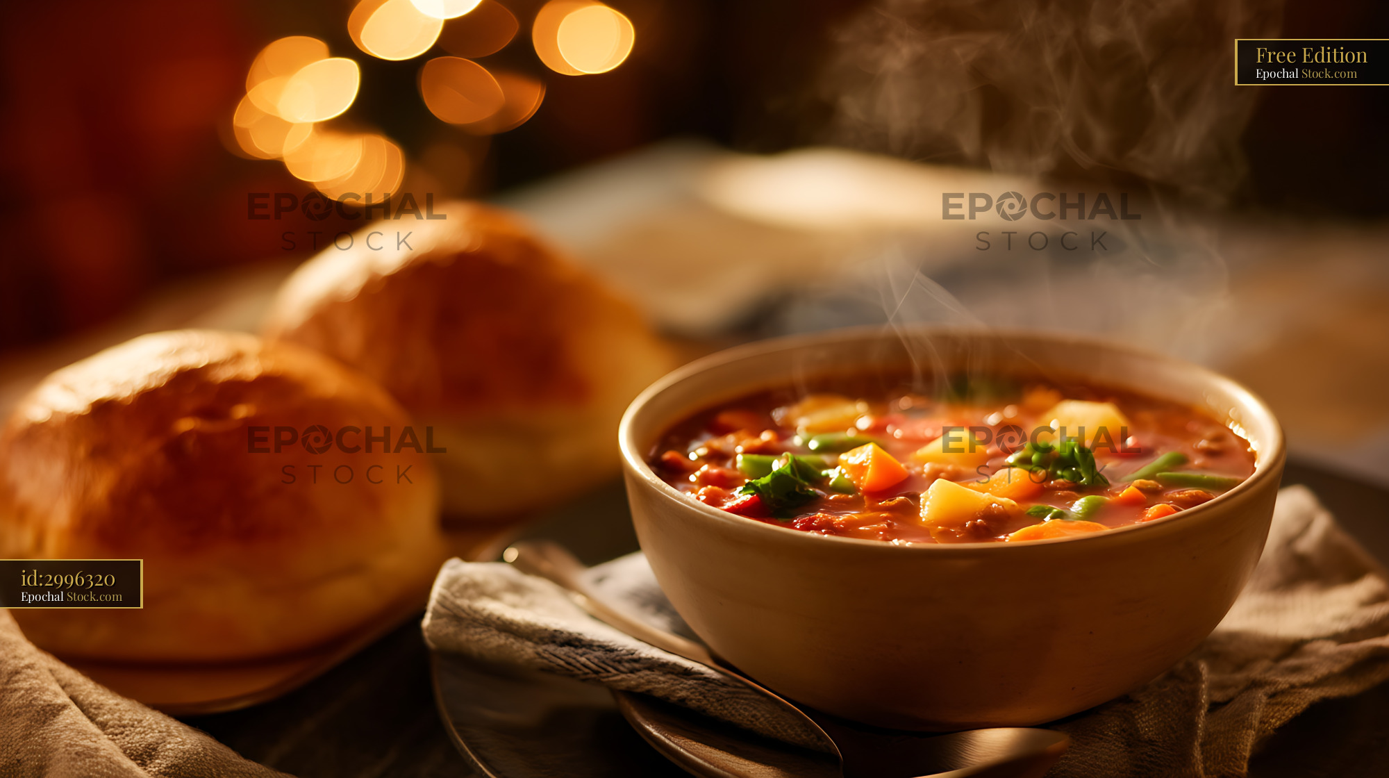 Bierocks with Vegetable Soup, Rustic Comfort Food Table Setting - stock photo