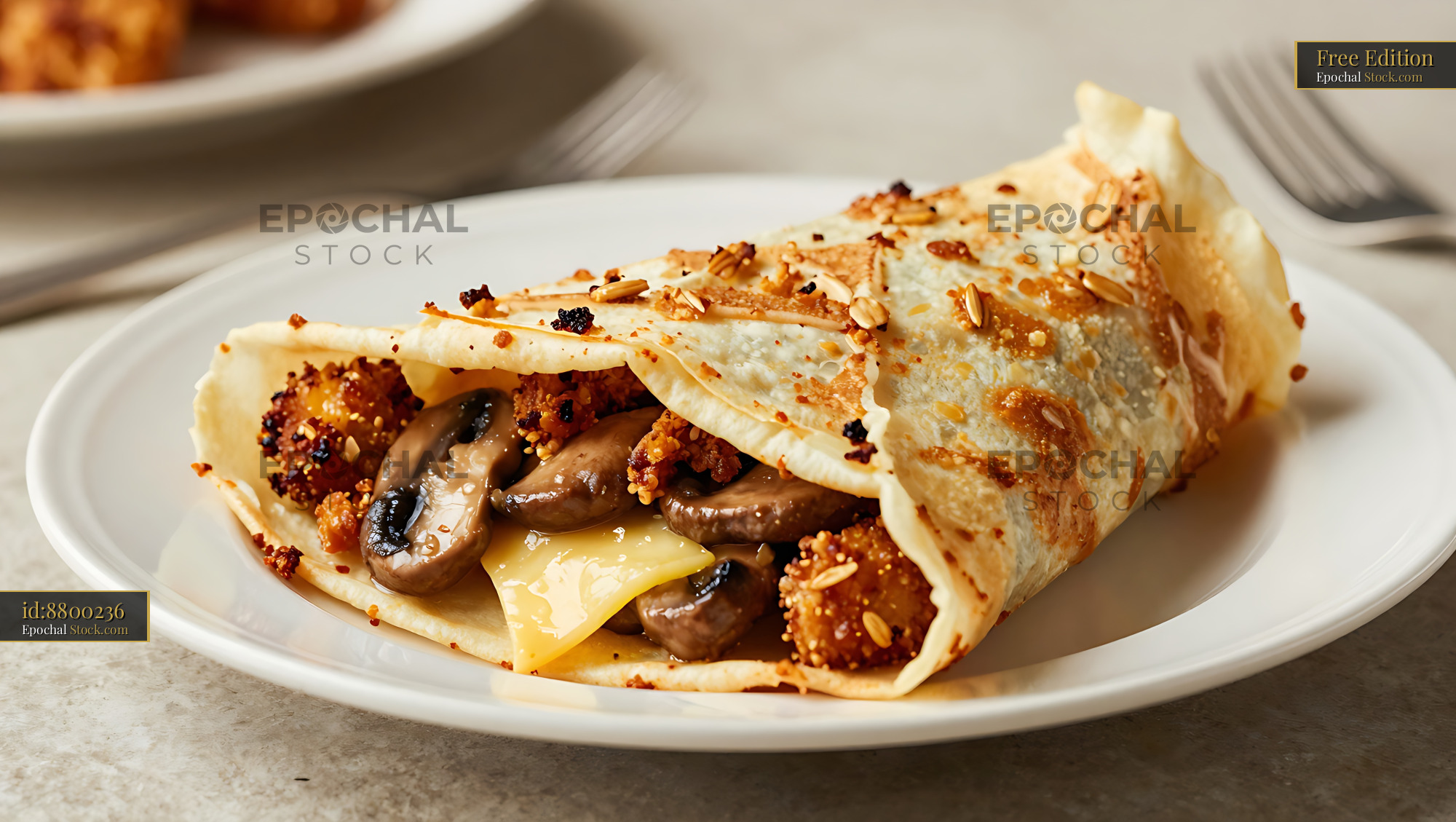 Goetta Crepe with Mushrooms, Melted Cheese, and Golden Crust - stock photo